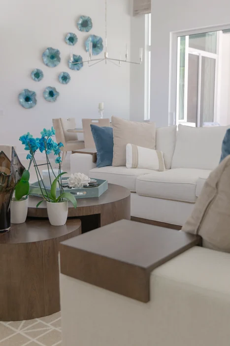 Living and dining spaces with blue accents