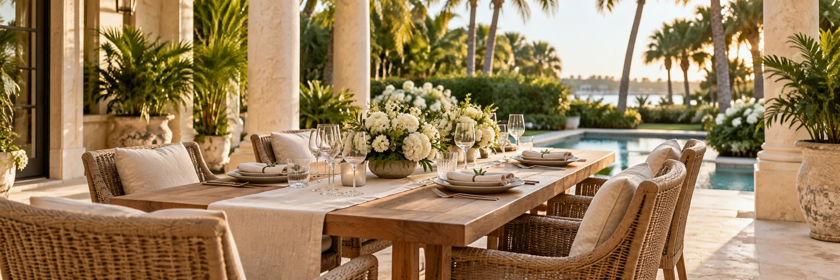 Illustrative outdoor dining terrace prepared for a gathering