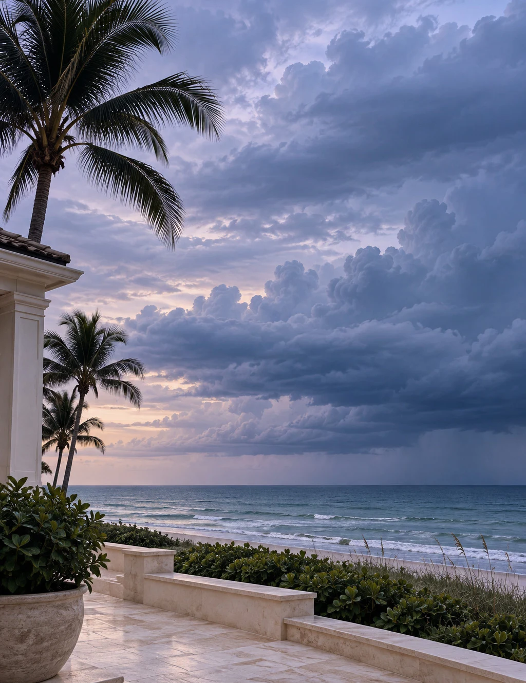 Illustrative coastal view as storm clouds approach